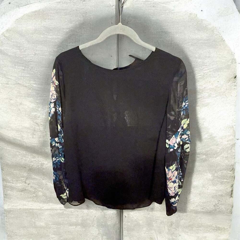 Apt. 9 Black Long Sleeve Blouse with Floral Chiffon Balloon Sleeves
